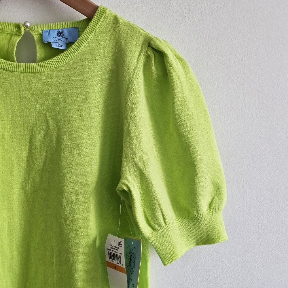 NWT CeCe Puff Sleeve Cotton Crewneck Sweater in Sugar Lime Size Small - Picture 7 of 15